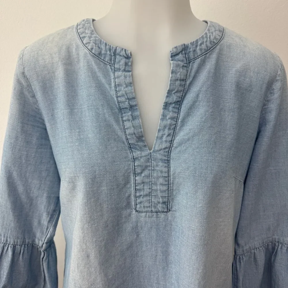 J. Crew Top Chambray Split Neck Long Bell Sleeve Blouse Size XS